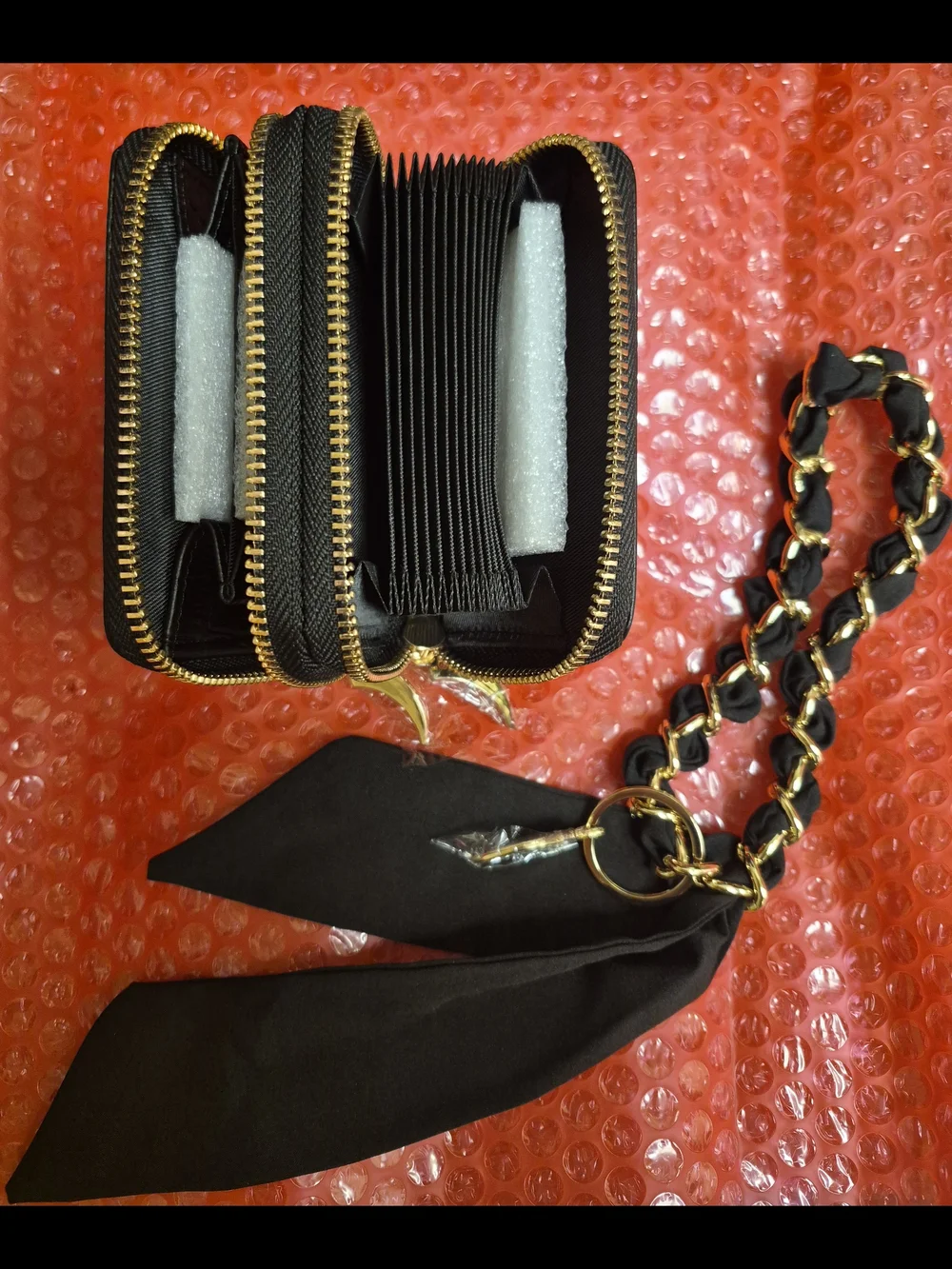 Black Croc-Textured Wallet Keychain Set - Gold Hardware